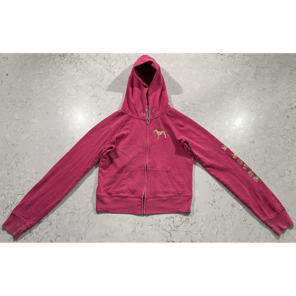 VTG‎ Victoria's Secret PINK Hoodie Womens Medium Rhinestone Bling Peace Sign Y2K - Picture 3 of 14